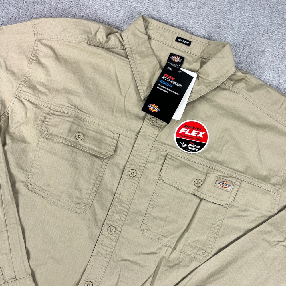 New Dickies Ripstop Work Shirt Men XL Khaki Flex Relaxed Fit Long Sleeve